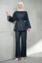 Navy Blue Belted Jacket and Trousers Denim Suit - 2