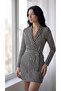    Women's Long Sleeve Double Breasted Collar Tie Belt Diver Mini Size Dress - 2