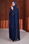 Navy Blue Shoulder Cape Beaded Embroidered Draped Evening Dress - 3