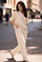 Cream Oversized Women's Tracksuit Polo Neck T-Shirt - Tracksuit Bottom and Top Set - 4
