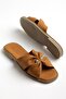 Genuine Leather Tan Women's Flat Heels with Slipper Cross Straps and Stones - 3