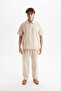 Men's 100% Cotton Piece Linen Look Pants T-Shirt Set Beige