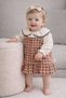 Eid Season Lace Piece Collared Linen Shirt & Checked Strap Ruffle Salopet Dress Baby Girl Set