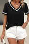 New Season Women's Short Sleeve Ribbed V Neck and Sleeve Detail V Viscose Blouse - 3