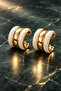 Cream Detailed Gold Color Three-Stripe Hoop Earrings – Shiny Surface Modern Design - 3