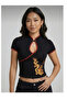 Mandarin Collar Dragon Motif Chines Style Short Sleeve Blouse