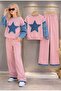 Girl's Denim Star Detailed Tracksuit Set |   Denim Sweat Jackets & Wide-Leg Bottom Sets Combination for Ages 5-14