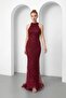 Women's Burgundy Slim Fit Halter Neck Stone Long Fish Evening Dress - 2