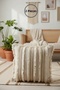 Three Lace Pieces Tasseled Raw Linen Cream Cushion 2 Pieces Cushion Cover (43 X 43)