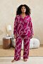 Vişne  Gömlek Yaka Kurdele/Fiyonk Desenli Dokuma Pijama Takımı TBBAW25AI00007