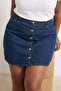 Koyu Mavi Önü Düğmeli %100 Pamuk Non-Stretch Büyük Beden Denim Etek TBBAW26AZ00056 - 2