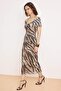 Renkli Zebra Desenli Büzgü / Drape Örme Tül Vücudu Saran Midi Astarlı Party Elbise TPRSS26EL00069
