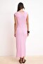 Pembe Dokulu Kumaş Fitted/Vücuda Oturan Ay Kol Esnek Örme Midi Kalem Elbise TWOSS24EL00103 - 4