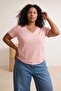 Bordo Pembe 2'li Paket Basic V Yaka %100 Pamuk Örme Büyük Beden T-Shirt TBBSS22TS0705 - 3