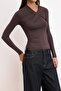 Brown Fitted/Asymmetrical Collar Long Sleeve Stretchy Knitted Blouse Twoss26Bz00692 - 3