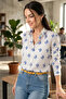 Women's Cobalt Blue Flower Pattern Long Sleeve Shirt ARM-22K001110
