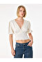 Slim Fit Lace Detailed Short Balloon Sleeve V-Neck Satin Crop Blouse