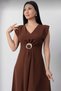 V-Neck Waist Buckled Slit Dress - Brown - 2