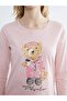 Pink Crew Neck Bear Teddy Printed Women's Pajama Set (S6) - 3