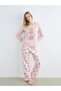Pink Crew Neck Bear Teddy Printed Women's Pajama Set (S6)