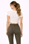 Women's Ecru Side Gathered Ribbed Crop Knitted T-shirt - 3