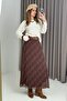 Women's Pleated Lined brown stripe Patterned long skirt