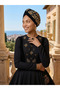 Special Design Black with Gold Ottoman Motif Lined Ready-Made Hijab Hijab Evening Dress Bonnet - 7