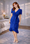 Short Sleeve Blue Crepe Fabric Midi Length Belted Dress