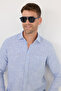 Men's Regular Fit Classic Cut 100% Cotton Linen Texture Blue Shirt - 2