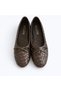 Women's Bitter Brown Faux Leather Textured Knitted Patterned Bowknot Ballerinas