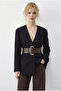 Women's Black Wide Belted Double Breasted Collar Lined Jacket 4169 60283989 - 3