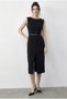 Women's Black Boat Neck Belted Front Slit Detailed Midi Pencil Dress 0539 60283992 - 2