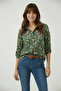 Women's Khaki Green Mini Crispy Floral Print Long Sleeve Viscose Button Shirt - 3