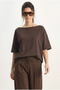Women's Bitter Brown V-Back Lace Detailed Scuba Oversize T-Shirt 1050 60283974 - 3