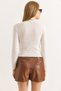 Women's Faux Leather Seam Detail Mini Skirt with Shorts Brown - 4