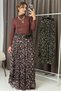 Women's Brown Pleated Floral Print Belt Li Lined Chiffon Skirt