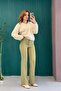 Stretch Fabric Crepe Knitted Fabric High Waist Striped Trousers Green