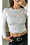 Women's long sleeve Ribbed Knit stone embellished long blouse - white