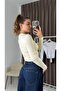 Women's Long Sleeve Ribbed Knit Stone Windowed Blouse Beige - 4