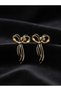 Women's Black Bow Model Gold Color Detailed Tiny Bow Steel Earrings - 3