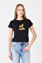 Women's Ceylan Printed Crew Neck Fitted Basic Tshirt Black
