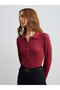 32671 Button Detailed Polo Collar Top-Light Burgundy - 3