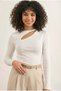 Women's Ecru Modal Rib Knit Fabric Window Collar Detail Long Sleeve Blouse - 2