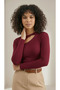 Women's Burgundy Modal Rib Knit Fabric Window Collar Detail Long Sleeve Blouse - 3