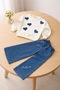 Girl's Thick Combed Cotton Heart Sweatshirt and Embroidered Wide-Leg Denim Pants Set - 2