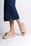 Cream Ribbon Patterned Stone Women's Flat Slipper