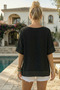 Black Round Neck Low Sleeve Skirt and Sleeve End Mesh Detailed Floral Appliqué Casual Woven Blouse 65 60 - 5