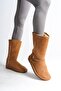 Tan Suede Women's Flat Boots with Fur Inside - 3