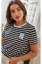 Popular Mix Printed Navy Blue Striped Detailed Regular Fit Women's T-Shirt