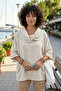 Beige Shawl Collar Short Sleeve Double Pocketed Casual Linen Look Wide Cut Woven Blouse 65 83 - 2
